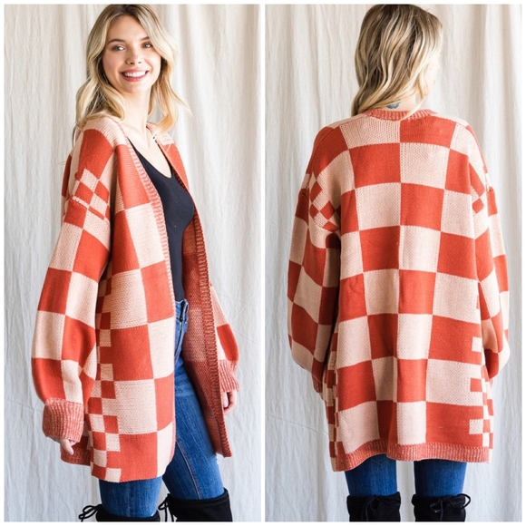 JODIFL Oversized Checkered Rust Open Cardigan - Picture 3 of 4